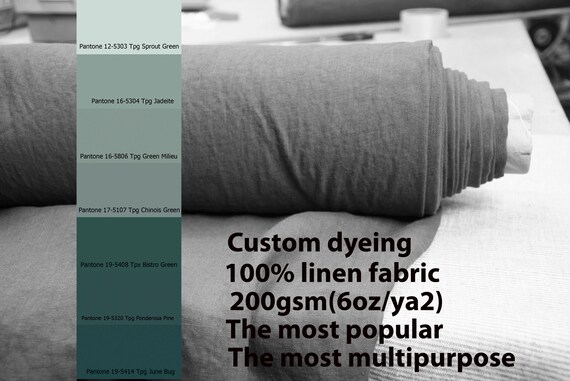 CUSTOM DYEING 100% linen fabric 200gsm (6oz/yd2). Gloria - the most popular linen fabric. Choose your green color from Pantone pallette 1.