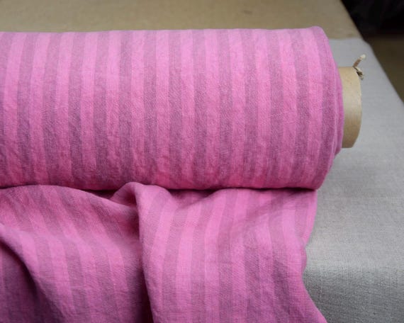 Pink Striped Linen Fabric - Gloria Precious Pink Bengal Stripe, 200gsm (6oz), Bright Vivid Rose, Premium Quality, 100% Pure, Ready to Ship!