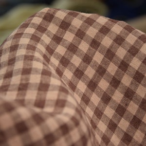 IN STOCK. Pure 100% linen fabric Aurora Brown/Peach Gingham 160gsm(5oz/yd2). 8mm check. Naturally wrinkled. Organic.