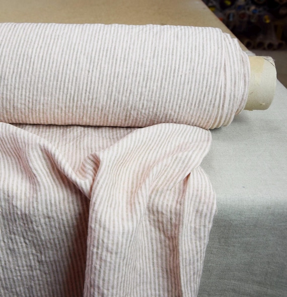 Fabric Linen "Elba Pale Pink Stripe", Softly Creased Texture, Medium Weight 200gsm/6oz, Light Rose/Beige, Premium Quality, IN STOCK!