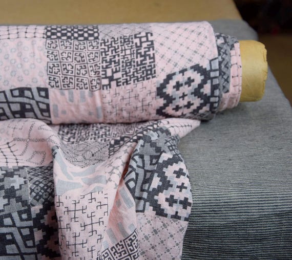 Pure 100% linen fabric "Gloria Pink Patchwork Pattern" 200gsm(6oz/yd2). Pantone 12-1207 Pearl Blush, Light Deep Pink, Pearly Hue, Printed.