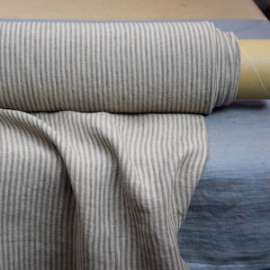 Premium 100% Linen Fabric - Aura Beige Stripe, Soft & Lightweight 125gsm (3.7oz), Beige/Gray Stripes.  Perfect for Summer!  Ready to Ship!
