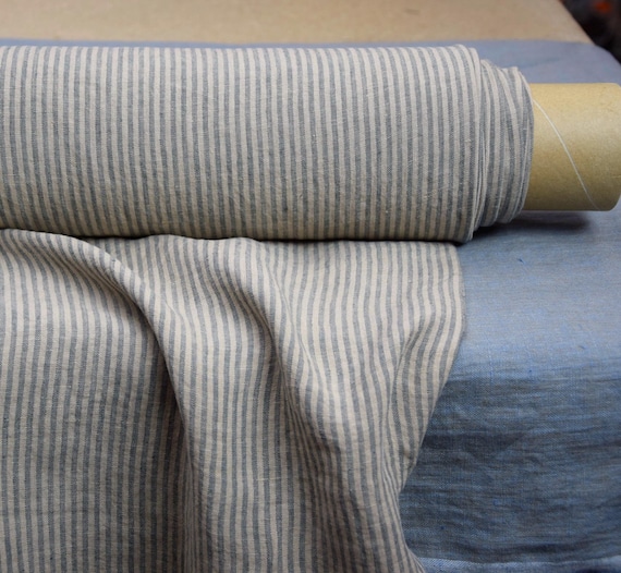 Premium 100% Linen Fabric - Aura Beige Stripe, Soft & Lightweight 125gsm (3.7oz), Beige/Gray Stripes.  Perfect for Summer!  Ready to Ship!