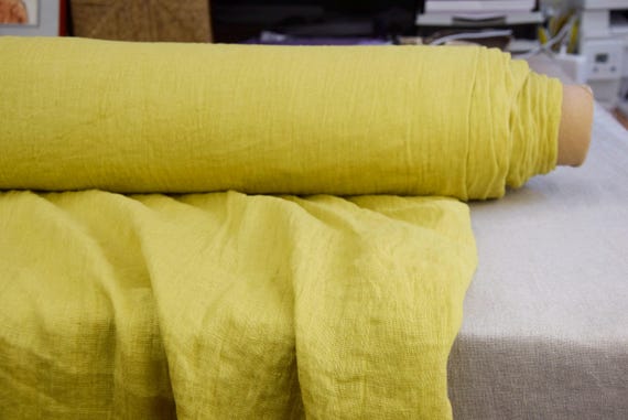 Linen Fabric "Serena Citron". Very thin Lightweight 95gsm, Semi-Sheer Pure 100% Linen, Washed, Soft, Pre-shrunk. Yellow Green. IN STOCK.