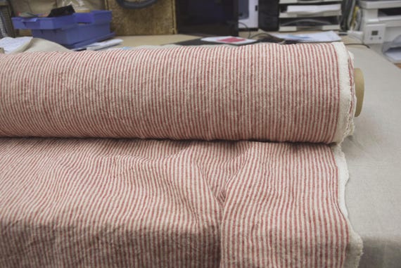Pure Linen Fabric Elba Red & Beige Candy Stripe. Premium, Midweight 200gsm/6oz, Preshrunk, Washed, Relaxed, Crinkled. By the Yard/Meter.