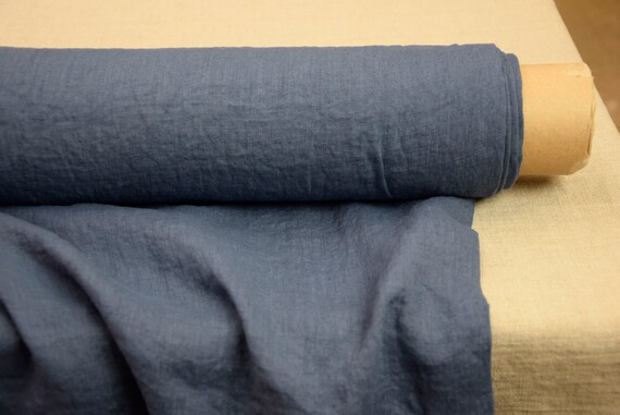 Linen Fabric "Aura Dusky Denim Blue", Thin & Lightweight 125gsm (3.7oz/yd2) Pure 100% Linen, Subtle Creased. Gray-Blue Color. IN STOCK.