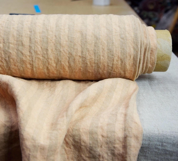 Linen Fabric "Gloria Yellow-Brown Bengal Stripe", 100% Pure Linen 200gsm/6oz, Premium Quality, Soft, Rumpled Texture, Pantone Doe, IN STOCK!