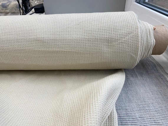Linen/Cotton Fabric "Tutella Waffle Beige" 200gsm (6oz/yd2), Yellowish-beige. Soft Fabric for Sauna Towels, for Bathroom Towels. IN STOCK.