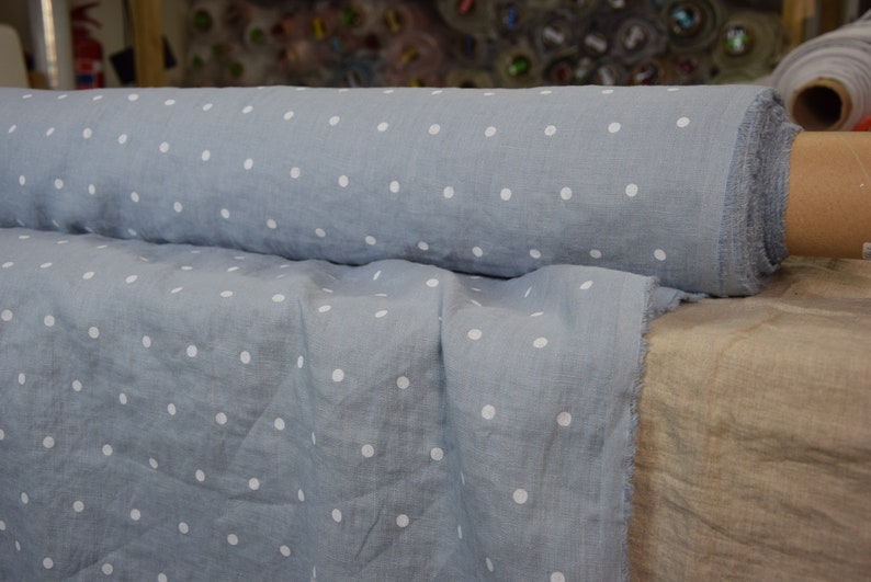 IN STOCK. Pure 100% linen fabric Gloria Cashmere Blue Polka Dot 190gsm. White dots, pastel soft blue. Washed-softened. image 1