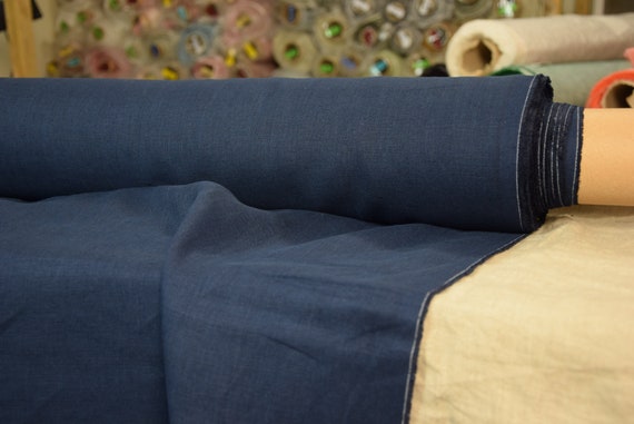 Temporarily OUT OF STOCK. Pure 100% linen fabric Astra Black Sapphire 170gsm. Saturated very dark blue. Light weight, washed-softened.