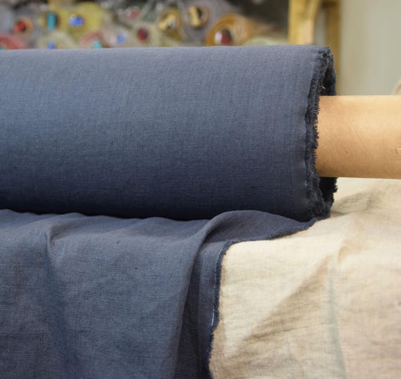Pure 100% linen fabric Gloria Blue Shadow 200gsm (5.90 oz/yd2). Saturated dark blue-gray. Middle weight, dense, washed-softened. WHOLESALE.