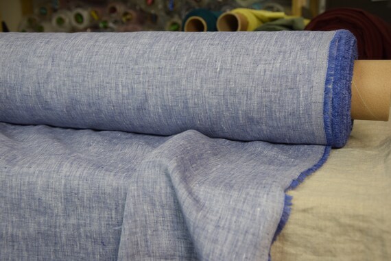 Pure 100% linen fabric Aura Iris Chambray 125gsm. Washed-softened, densely woven. Temporarily OUT OF STOCK.
