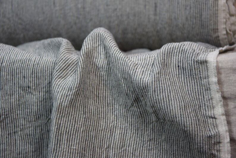 Pure linen fabric Elba Iguana Pencil Stripes, middle weight dense, not sheer, soft. Natural not dyed flax and dark green-gray narrow stripes (like a drawn with a pencil) . Width of the stripe is 1.5mm (one natural + one gray is 3mm).