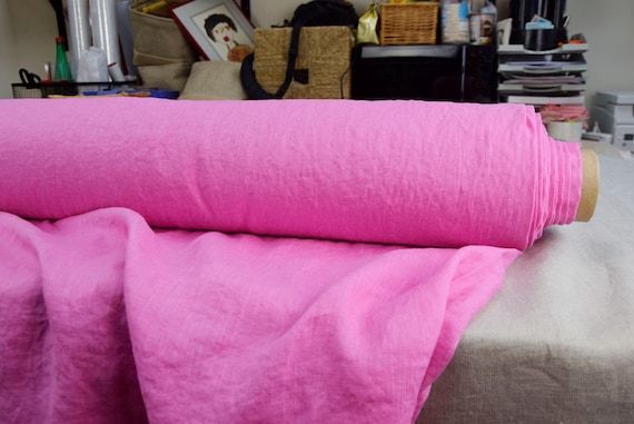 100% Linen Fabric "Regina Bright Rose Pink", 130gsm (3.8oz/yd2), Stonewashed, Full Pre-Shrunk. Premium Quality. Vivid Pink Linen. IN STOCK!