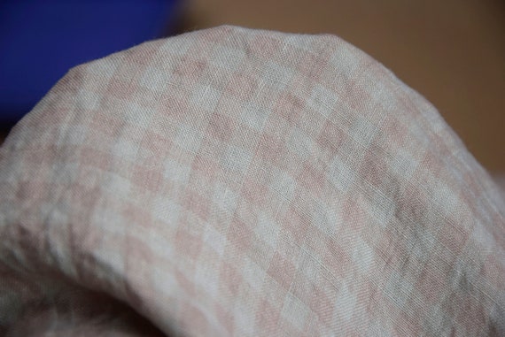 Fabric 100% linen Aurora Silver Green 8mm Gingham 160gsm(5oz/yd2). Colors: muted greenish-gray, dusky rose. Temporarily OUT OF STOCK.