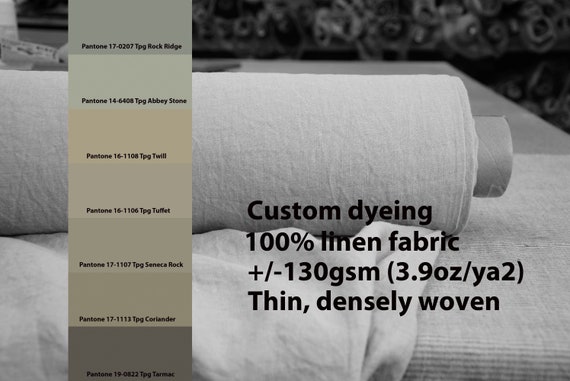 CUSTOM DYEING 100% linen fabric AURA 130gsm (3.8oz/yd2). Thin lightweight. Pantone colors Stone Coriander Gray Rock pallette No 22.