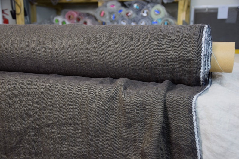 mix of dark brown and black Pure 100/% linen fabric Sigma Black Soil Herringbone 220gsm Broken twill Washed-softened. WHOLESALE