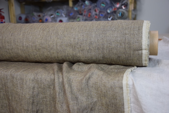 Temporarily OUT OF STOCK.  Pure 100% linen fabric Opera Brown Herringbone 210gsm. Washed-softened, resemble to traditional tweed.