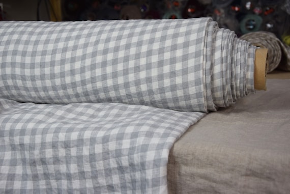 Temporarily OUT OF STOCK. 100% linen fabric Gloria Ash Gray Gingham 200gsm (5.90 oz/yd2). 10mm check. Aesthetic durable organic antistatic.