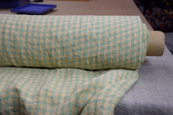 Pure 100% linen fabric Aura Tender Peach and Greenish Gingham 125gsm (3.70oz/yd2). 8mm checks. Softened. Temporarily OUT OF STOCK.
