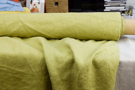 Pure Linen Fabric "Aura Chartreushe-Green". Lightweight 125gsm/3.7oz Premium Lithuanian 100% Linen. Softened. Stonewashed. BTY. IN STOCK!