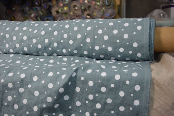 Temporarily OUT OF STOCK. Pure 100% linen fabric Gloria Agave Dotted 190gsm. White pattern dots different size. Washed-softened.