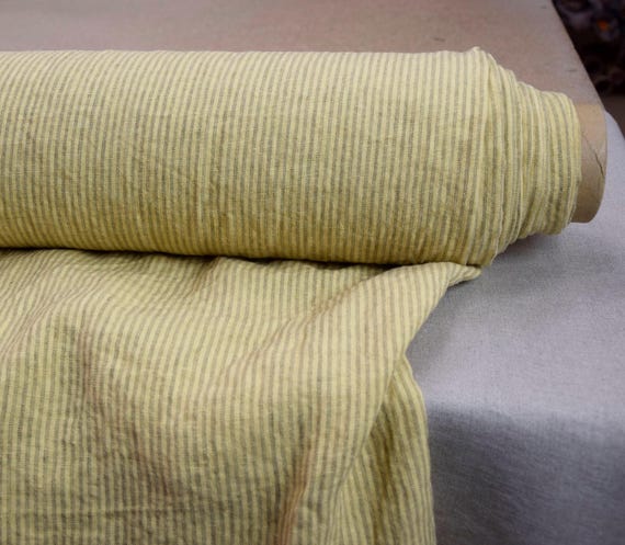 100% linen fabric Elba Elfin Yellow Candy Stripe 200gsm (6oz/yd2). Pantone 11-0620 Light Sulphur pastel yellow. Temporarily OUT OF STOCK.