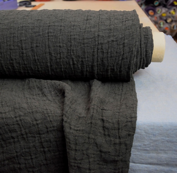 Linen Fabric "Vita Forest Night" 230gsm (6.8oz/yd2). Fluffy, Soft. Pantone 19-0414. Deep Dark Black-Green, Pure Linen 100%. IN STOCK.