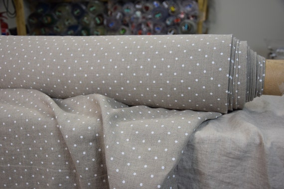 Pure 100% linen fabric Gloria Natural Polka Dot White 190gsm. White dots on natural undyed flax background. Washed-softened.