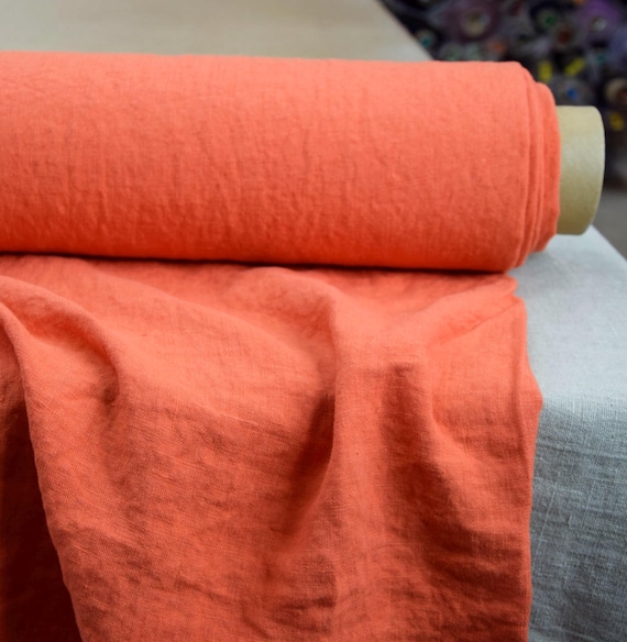 Linen Fabric - "Gloria Red Orange" 200gsm (6oz), Vivid Flame, Vermilion, Tangerine, Pantone 17-1464, Pure Quality, Sewing Fabric, IN STOCK!
