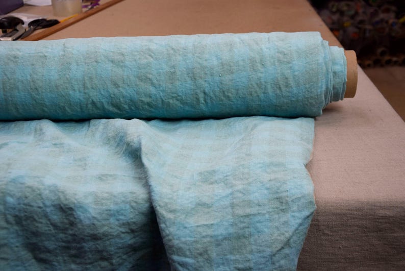 100% Leinen Stella Fabric Aqua Gingham - vorgewaschenes, vorgeschrumpftes Leinen, 190g/m², weiches, knitteriges Premium-Leinen, lose Ware. Bild 1