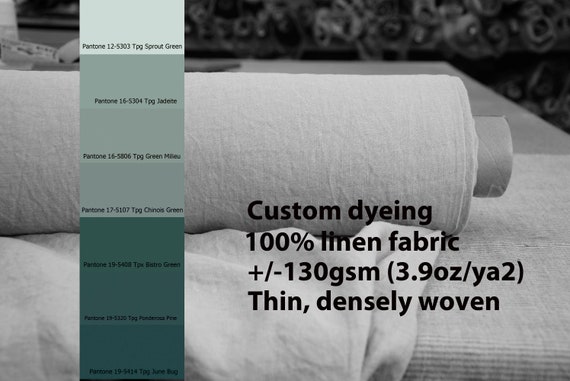 CUSTOM DYEING 100% linen fabric AURA 130gsm (3.80oz/yd2). Thin lightweight densely plainly woven. Pantone green colors, palette No 1.