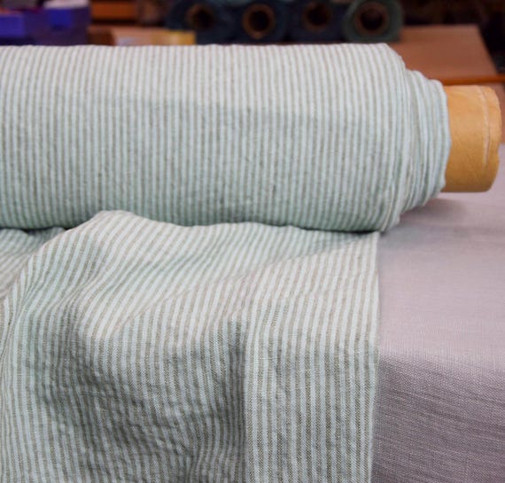 Linen Fabric "Elba" Beautiful Pale Blue Candy Stripe, 100% Pure, Medium Weight 200gsm/6oz, Soft Creased Texture. Premium Quality, IN STOCK!