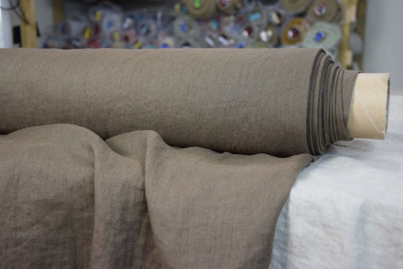 Pure 100% Linen Fabric "Gloria Earthy Brown" 200gsm(6oz/yd2). Muted brown-gray (taupe). Durable, natural, organic, pre-shrunk. WHOLESALE.