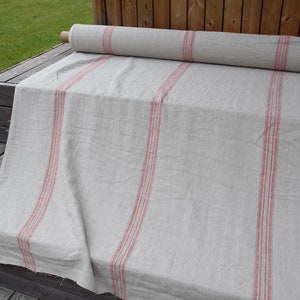 IN STOCK. 100% linen fabric Pera Natural Red Stripe 350gsm. French grain sack pattern. Pre-shrunk. Eco-friendly heavy and thick material. image 8