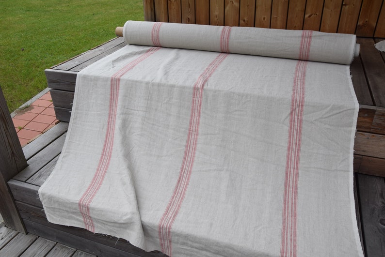 IN STOCK. 100% linen fabric Pera Natural Red Stripe 350gsm. French grain sack pattern. Pre-shrunk. Eco-friendly heavy and thick material. image 8