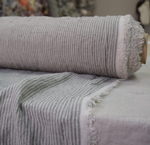 Linen Fabric "Elba Green-Gray Candy Stripe" 200gsm. 2.5mm stripe. Organic, Graceful fall, naturally wrinkled, strong, and durable. IN STOCK.