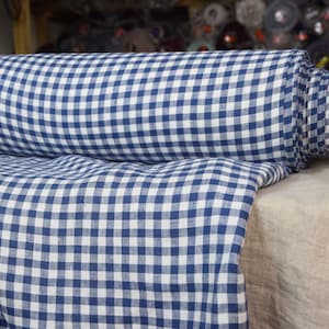 IN STOCK. Pure 100% linen fabric Gloria Blue White Gingham 200gsm (5.90 oz/yd2). 8mm checks. Medium weight, densely plainly wowen, washed.