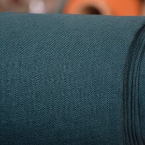 Pure linen fabric Gloria Slate Teal.  Blue and green, saturated dark teal is dressy and dramatic. A dose of black gives it a deep richness. Middle weight, dense, not sheer, plain. Washed-softened, will not  shrink any more.
