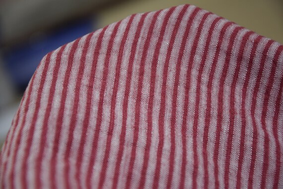 IN STOCK. Pure 100% linen fabric Aurora Red White Stripes 160gsm (4.80oz/yd2). Washed-softened.