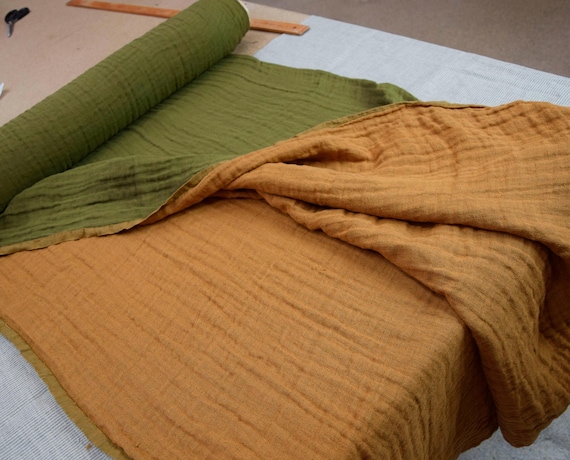 Olive Green/Ochre Linen Fabric - Vita, Fluffy Double-Faced, 230gsm (6.8oz), Last Piece! 1.70m x 1.40m (67x56"), In Stock!