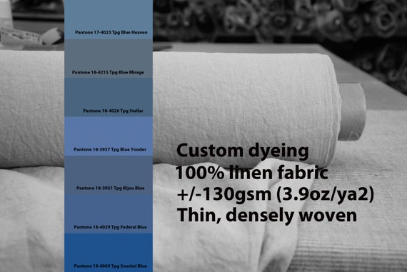 CUSTOM DYEING 100% linen fabric 130gsm (3.80oz/yd2). Aura - thin lightweight densely plainly woven linen fabric. Pantone colors blue No 5.