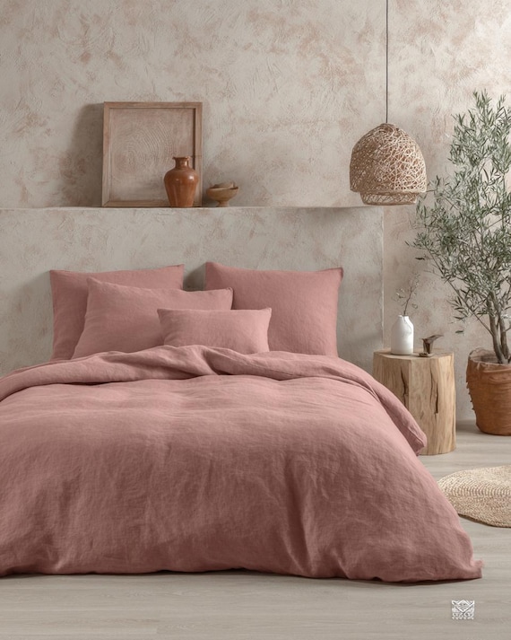 Linen Duvet Cover 100% Stone Washed Linen, Warm Pink Color Handmade Comforter Cover, Doona Cover, US EU Custom Sizes, ROSEATE collection.