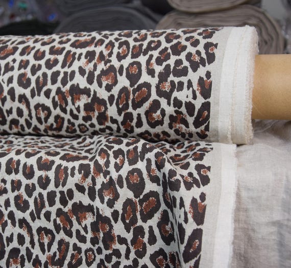 Linen Fabric "Augusta Brown Leopard", 100% Pure Linen, Soft, Preshrunk, Premium High-grade, Sexy Leopard Linen, 150gsm(4.5oz/yd2), IN STOCK!