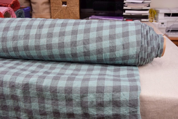 Linen Fabric "Stella Wasabi Green & Gray Gingham", 2cm Check, 190gsm/5.6oz, 100% Pure Organic Linen, Soft, Stylish Wrinkled! IN STOCK!
