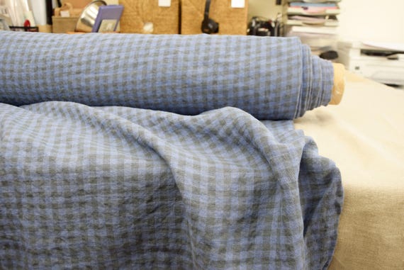 Blue Gingham Linen Fabric - "Elba Very Peri", 200gsm/6oz, 8mm Checks, Premium Creased Texture, 100% Pure, Stunning Iris Blue Color IN STOCK!