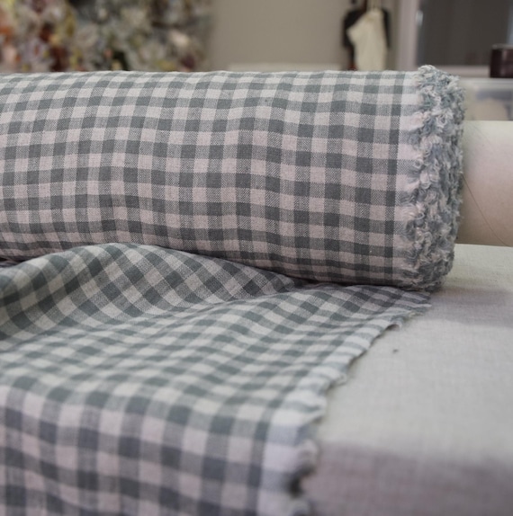 Linen Fabric - "Elba Green-Gray 8mm Gingham", 200gsm (5.9oz), Undyed Flax & Ash Green Checks, Soft Washed, Pure Quality, IN STOCK!