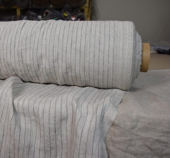 Pure 100% linen fabric Aura Pinstripes Natural Beige 125gsm. Black pinstripes.  Washed-softened. OUT OF STOCK. Custom orders available.