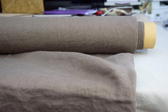 Pure Linen Fabric "Aura Perfect Taupe" Lightweight 125gsm (3.7oz/yd2). Stonewashed, Pre-shrunk, Densely Tightly Woven, Crinkled. IN Stock!