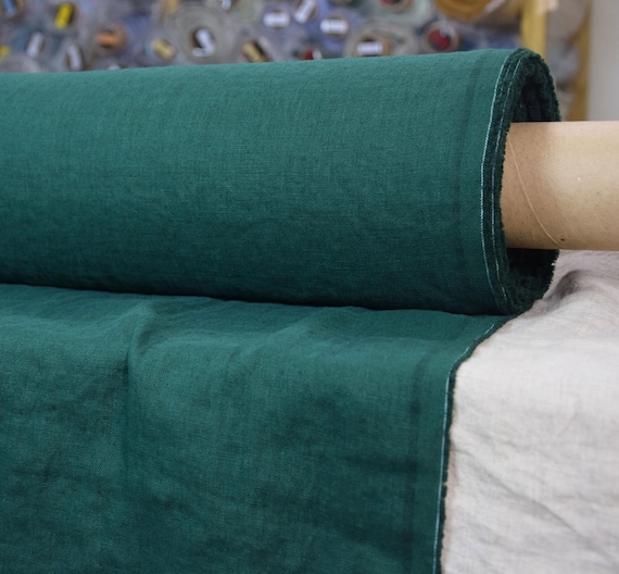 Premium Dark Green Fabric Linen - "Gloria Rich Green", Soft & Washed, 100% Pure, 200gsm (6oz), 145cm/57"  Wide, Luxurious Textile WHOLESALE.